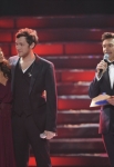 AMERICAN IDOL: Ryan Seacrest prepares Finalists Jessica Sanchez and Phillip Phillips for the results of the competition during the season 11 AMERICAN IDOL GRAND FINALE at the Nokia Theatre on Weds. May 23, 2012 in Los Angeles, California. CR: Michael Becker/FOX