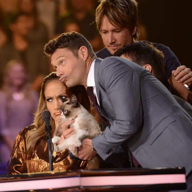 AMERICAN IDOL XIII: "Grumpy Cat" with Ryan Seactrest and the Judges on AMERICAN IDOL XIII airing Wednesday, April 23 (8:00-10:00 PM ET / PT) on FOX. CR: Michael Becker / FOX. Copyright 2014 / FOX Broadcasting.