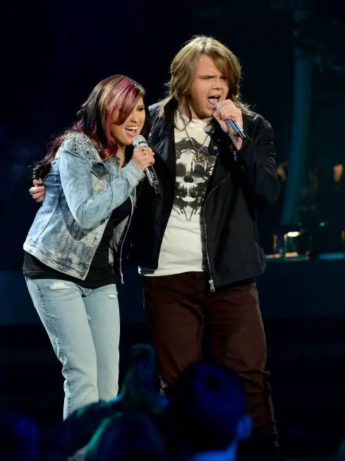 AMERICAN IDOL XIII: L-R: Jessica Meuse and Caleb Johnson perform on AMERICAN IDOL XIII airing Wednesday, April 2 (8:00-10:00 PM ET / PT) on FOX. CR: Michael Becker / FOX. Copyright 2014 / FOX Broadcasting.