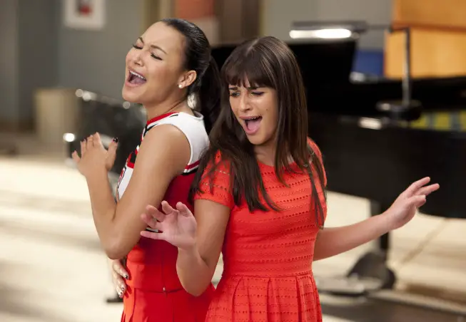 GLEE: Santana (Naya Rivera, L) and Rachel (Lea Michele, R) perform in the "Dance With Somebody" episode of GLEE airing Tuesday, April 24 (8:00-9:00 PM ET/PT) on FOX. Â©2012 Fox Broadcasting Co. Cr: Adam Rose/FOX