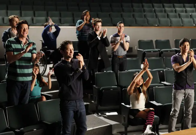 GLEE: The glee club watches Santana and Brittany perform in the "Dance With Somebody" episode of GLEE airing Tuesday, April 24 (8:00-9:00 PM ET/PT) on FOX. Pictured L-R: Cory Monteith, Chord Overstreet (back), Lea Michele, Kevin McHale (back), Matthew Morrison, Amber Riley, Chris Colfer, Darren Criss, Jenna Ushkowitz and Harry Shum Jr. ©2012 Fox Broadcasting Co. Cr: Beth Dubber/FOX