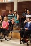 GLEE: The glee club watches a performance in the "Dance With Somebody" episode of GLEE airing Tuesday, April 24 (8:00-9:00 PM ET/PT) on FOX. PIctured L-R front row: Harry Shum Jr., Jenna Ushkowitz, Samuel Larsen, Dianna Agron and Kevin McHale. Back row L-R: Cory Monteith, Lea Michele, Amber Riley, Darren Criss and Naya Rivera. ©2012 Fox Broadcasting Co. Cr: Beth Dubber/FOX