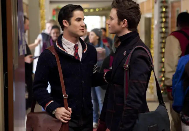 GLEE: Blaine (Darren Criss, L) and Kurt (Chris Colfer, R) share a moment in the "Extraordinary Merry Christmas" episode of GLEE airing Tuesday, Dec. 13 (8:00-9:00 PM ET/PT) on FOX. ©2011 Fox Broadcasting Co. Cr: Adam Rose/FOX