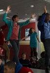 GLEE: Blake Jenner (red shirt) and Jenna Ushkowitz (blue dress) perform the hit series' 500th musical performance in the "Girls (And Boys) On Film" episode of GLEE airing at a special time Thursday, March 7 (9:30-10:30 PM ET/PT) on FOX. ©2013 Fox Broadcasting Co. CR: Adam Rose/FOX