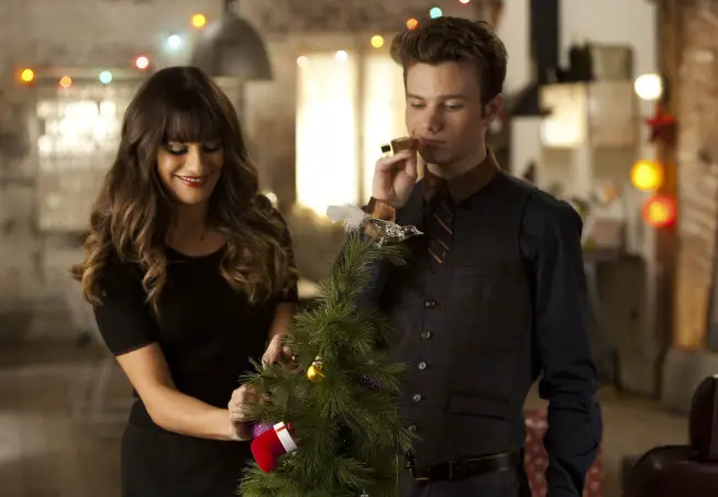 GLEE: Rachel (Lea Michele, L) and Kurt (Chris Colfer, R) celebrate the holidays in the "Glee, Actually" episode of GLEE airing Thursday, Dec. 13 (9:00-10:00 PM ET/PT) on FOX. ©2012 Fox Broadcasting Co. CR: Adam Rose/FOX