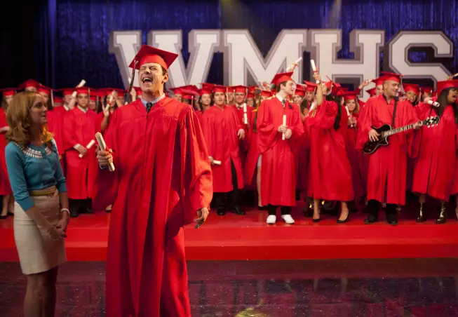 GLEE: Finn (Cory Monteith, R) accepts his graduation diploma from Emma (Jayma Mays, L) in the "Goodbye" season finale episode of GLEE airing Tuesday, May 22 (9:00- 10:00 PM ET/PT) on FOX. Pictured L-R: Lea Michele, Amber Riley, Cory Monteith, Harry Shum Jr. and Dianna Agron.  Â©2012 Fox Broadcasting Co. CR: Adam Rose/FOX