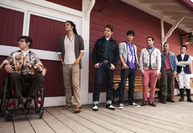 GLEE: Pictured L-R: Artie (Kevin McHale), Joe (Samuel Larsen), Rory (Damian McGuinty), Mike (Harry Shum Jr.), Blaine (Darren Criss), Puck (Mark Salling) and Kurt (Chris Colfer) say goodbye to Rachel as she heads to New York in the "Goodbye" season finale episode of GLEE airing Tuesday, May 22 (9:00- 10:00 PM ET/PT) on FOX. Â©2012 Fox Broadcasting Co. CR: Adam Rose/FOX