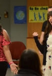 GLEE: Mercedes (Amber Riley, L) and Rachel (Lea Michele, R) perform for their under classmates in the "Goodbye" season finale episode of GLEE airing Tuesday, May 22 (9:00- 10:00 PM ET/PT) on FOX. Â©2012 Fox Broadcasting Co. CR: Mike Yarish/FOX