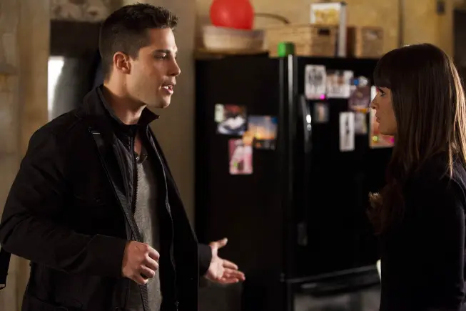 GLEE: Rachel (Lea Michele, R) confronts Brody (Dean Geyer, L) in the "Guilty Pleasures" episode of GLEE airing Thursday, March 21 (9:00-10:00 PM ET/PT) on FOX. Â©2013 Fox Broadcasting Co. CR: Adam Rose/FOX