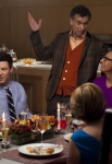 GLEE: Rachel's (Lea Michele, L) dads Leroy (guest star Brian Stokes Mitchell, third from L) and Hiram (guest star Jeff Goldblum, fourth from L) invite the Hudson-Hummels over for a Valentine's Day dinner in the "Heart" episode of GLEE airing Tuesday, Feb. 14 (8:00-9:00 PM ET/PT) on FOX. Also pictured L-R: Cory Monteith, Romy Rosemont and Mike O'Malley. ©2012 Fox Broadcasting Co. CR: Adam Rose/FOX