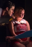 GLEE: Blaine (Darren Criss, L) and Sam (Chord Overstreet, R) question Becky (Lauren Potter, C) in the "Lights Out" episode of GLEE airing Thursday, April 25 (9:00-10:00 PM ET/PT) on FOX. ©2013 Fox Broadcasting Co. CR: Eddy Chen/FOX