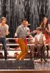 GLEE: The Glee club performs in the "Lights Out" episode of GLEE airing Thursday, April 25 (9:00-10:00 PM ET/PT) on FOX. Â©2013 Fox Broadcasting Co. Pictured L-R: Alex Newell, Jenna Ushkowitz, Chord Overstreet, Darren Criss, Becca Tobin, Kevin McHale, Melissa Benoist, Blake Jenner and Jacob Artist. CR: Eddy Chen/FOX
