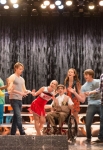 GLEE: The Glee club performs in the "Lights Out" episode of GLEE airing Thursday, April 25 (9:00-10:00 PM ET/PT) on FOX. Â©2013 Fox Broadcasting Co. Pictured L-R: Jenna Ushkowitz, Alex Newell, Chord Overstreet, Becca Tobin, Kevin McHale, Melissa Benoist, Blake Jenner, Jacob Artist and Darren Criss. CR: Eddy Chen/FOX