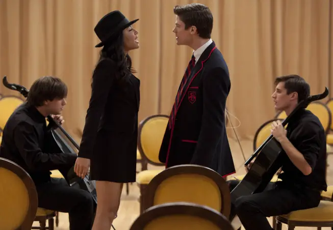 GLEE: Santana (Naya Rivera, second from L) and Sebastian (guest star Grant Gustin, third from L) perform with 2Cellos (Sulic, L and Hauser, R) in the "Michael" episode of GLEE airing Tuesday, Jan. 31 (8:00-9:00 PM ET/PT) on FOX. ©2012 Fox Broadcasting Co. CR: Adam Rose/FOX