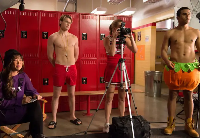 GLEE: The glee club puts together a calendar photo shoot to raise money for Regionals in the "Naked" episode of GLEE airing Thursday, Jan. 31 (9:00-10:00 PM ET/PT) on FOX.  Pictured L-R: Jenna Ushkowitz, Chord Overstreet, Heather Morris and Jacob Artist. ©2013 Fox Broadcasting Co. CR: Eddy Chen/FOX