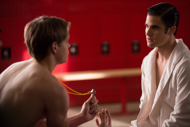 GLEE: Sam (Chord Overstreet, L) and Blaine (Darren Criss, R) participate in a calendar photo shoot to raise money for Regionals in the "Naked" episode of GLEE airing Thursday, Jan. 31 (9:00-10:00 PM ET/PT) on FOX. ©2013 Fox Broadcasting Co. CR: Eddy Chen/FOX