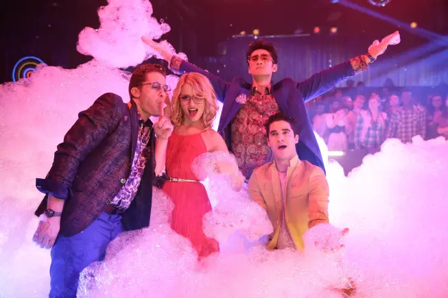 GLEE: L-R: Will (Matthew Morrison), guest stars Quinn (Dianna Agron), Mike (Harry Shum Jr). and Blaine (Darren Criss) perform in the "New Directions" episode of GLEE airing Tuesday, March 25 (9:00-10:00 PM ET/PT) on FOX. Â©2014 Broadcasting Co. CR: Tyler Golden/FOX