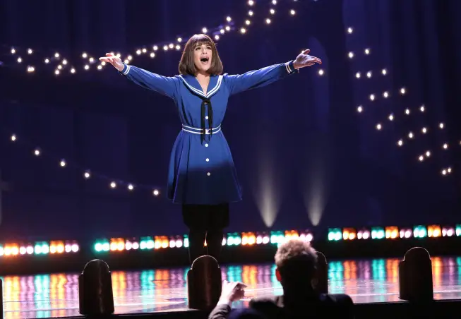 GLEE: Rachel (Lea Michele) performs in her "Funny Girl" Broadway debut in the "Opening Night" episode of GLEE airing Tuesday, April 22 (8:00-9:00 PM ET/PT) on FOX. Â©2014 Fox Broadcasting Co. CR: Tyler Golden/FOX