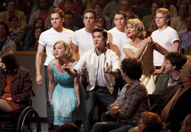 GLEE: Brittany (Heather Morris, L), Mike (Harry Shum Jr.) and Quinn (Dianna Agron, R) perform in West Side Story in "The First Time" episode of GLEE airing Tuesday, Nov. 8 (8:00-9:00 PM ET/PT) on FOX. Â©2011 Fox Broadcasting Co. Cr: Adam Rose/FOX