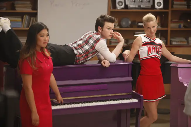 GLEE:  Tina (Jenna Ushkowitz,  L),  Kurt (Chris Colfer) and Brittany (Heather Morris,  R) in "The Purple Piano Project" the season premiere episode of GLEE airing Tuesday,  Sept. 20 (8:00-9:00 PM ET/PT) on FOX. Â©2011 Fox Broadcasting Co. Cr: Adam Rose/FOX