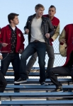 GLEE: Sam (Chord Overstreet, C) performs with the guys in the "Yes/No" winter premiere episode of GLEE, airing Tuesday, Jan. 17 (8:00-9:00 PM ET/PT) on FOX. Also pictured L-R: Darren Criss, Damian McGinty, Mark Salling, Cory Monteith and Harry Shum Jr. ©2011 Fox Broadcasting Co. Cr: Adam Rose/FOX