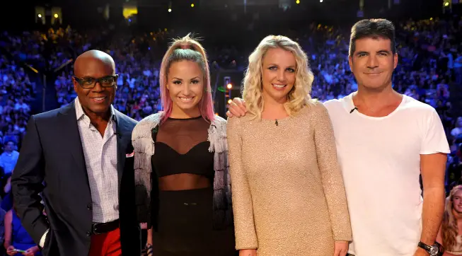 THE X FACTOR: L-R: L.A. Reid, Demi Lovato, Britney Spears and Simon Cowell on the set of THE X FACTOR airing on FOX. CR: Ray Mickshaw / FOX.