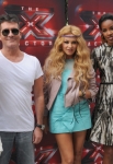 THE X FACTOR: July 11, 2013 in Los Angeles, CA. L-R: Demi Lovato, Simon Cowell, Paulina Rubio and Kelly Rowland on the set of THE X FACTOR. CR: Ray Mickshaw / FOX. Copyright / FOX.