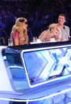 THE X FACTOR: July 10, 2013 in Los Angeles, CA. L-R: Kelly Rowland, Paulina Rubio, Demi Lovato and Simon Cowell on the set of THE X FACTOR. CR: Ray Mickshaw / FOX. Copyright / FOX.
