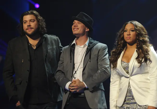 THE X FACTOR: Top 3 Perform: L-R: Josh Krajcik, Melanie Amaro and Chris Rene on THE X FACTOR Dec. 21 (8:00-9:30 PM ET/PT) on FOX. THE X FACTOR Finale airs Wed., Dec. 21 and Thurs., Dec. 22 on FOX. CR: Ray Mickshaw / FOX.