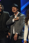 THE X FACTOR: Top 3 Perform: L-R: Josh Krajcik, Melanie Amaro and Chris Rene on THE X FACTOR Dec. 21 (8:00-9:30 PM ET/PT) on FOX. THE X FACTOR Finale airs Wed., Dec. 21 and Thurs., Dec. 22 on FOX. CR: Ray Mickshaw / FOX.