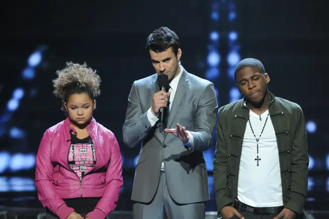 THE  X FACTOR: Rachel Crow is eliminated on THE X FACTOR airing Thursday, Dec. 8 (8:00-9:00 PM ET/PT) on FOX. L-R: Rachel Crow , Steve Jones and Marcus Canty. CR: Ray Mickshaw / FOX.