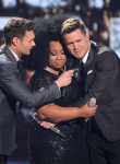 HOLLYWOOD, CA - APRIL 7: Judge Ryan Seacrest (L) announces American Idol Season 15 winner Trent Harmon (R) with runner-up La'Porsha Renae, onstage at FOX's American Idol Season 15 Finale on April 7, 2016 at the Dolby Theatre in Hollywood, California. (Photo by FOX via Getty Images) *** Local Caption *** Ryan Seacrest; La'Porsha Renae; Trent Harmon