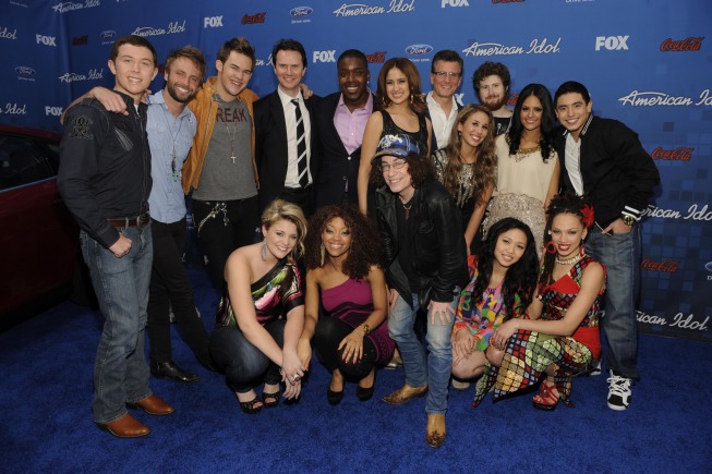 AMERICAN IDOL: (Clockwise from Left) Scott McCreery, Paul McDonald, James Durbin and Peter Rice Chairman, Entertainment Fox Networks Group, Jacob Lusk, Karen Rodriguez and Kevin Reilly, President, Entertainment, FOX Broadcasting Company, Casey Abrams, Naima Adedapo, Pia Toscano, Stefano Langone, Haley Reinhart, Thia Megia and Mike Darnell President Altrernative Programming Fox Broadcasting, Ashthon Jones and Lauren London Alaina arrive on the red carpet at the AMERICAN IDOL TOP 13 FINALIST PARTY on Thursday, March 3 at The Grove in Los Angeles, CA.