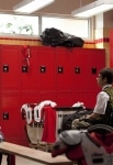 GLEE: Coach Beiste (Dot Marie Jones, L) walks in on Artie (Kevin McHale, C) and Finn (Cory Monteith, R) talking in the locker room in the "Britney/Brittany" episode of GLEE airing Tuesday, Sept. 28 (8:00-9:00 PM ET/PT) on FOX. ©2010 Fox Broadcasting Co. Cr: Adam Rose/FOX