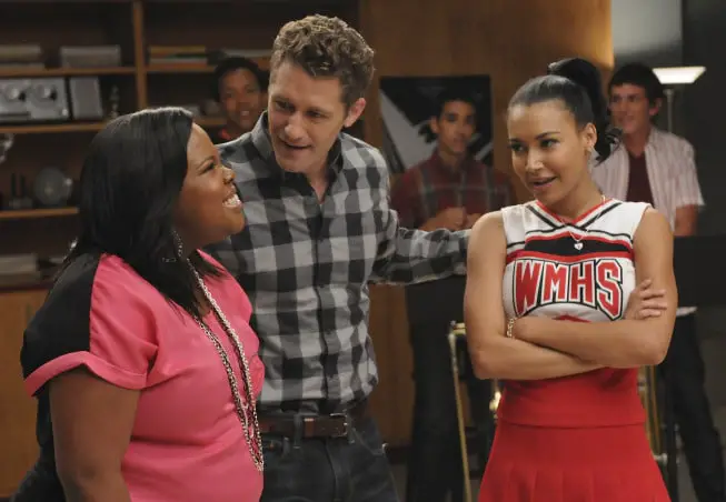 GLEE: Will (Matthew Morrison, C) assigns Mercedes (Amber Riley, L) and Santana (Naya Rivera, R) a duet in the "Duets" episode of GLEE airing Tuesday, Oct. 12 (8:00-9:00 PM ET/PT) on FOX. ©2010 Fox Broadcasting Co. CR: Michael Yarish/FOX