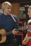 GLEE: Sam (Chord Overstreet, L) and Quinn (Dianna Agron, R) perform a duet in the "Duets" episode of GLEE airing Tuesday, Oct. 12 (8:00-9:00 PM ET/PT) on FOX. ©2010 Fox Broadcasting Co. CR: Michael Yarish/FOX