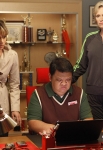 GLEE: Sue (Jane Lynch, R) recruits Terri (Jessalyn Gilsig, L) and Howard (guest star Kent Avenido, C) to stop the glee club from going to Nationals in the "Funeral" episode of GLEE airing Tuesday, May 17 (8:00-9:01 PM ET/PT) on FOX. ©2011 Fox Broadcasting Co. CR: Beth Dubber/FOX