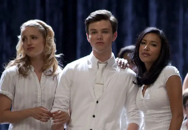 GLEE: Quinn (Dianna Agron, L) and Santana (Naya Rivera, R) console Kurt (Chris Colfer, C) in the "Grilled Cheesus" episode of GLEE airing Tuesday, Oct. 5 (8:00-9:00 PM ET/PT) on FOX. ©2010 Fox Broadcasting Co. CR: Adam Rose/FOX