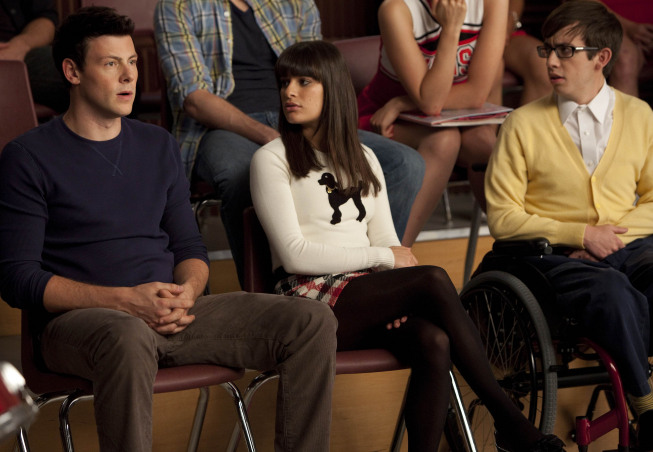 GLEE: Finn (Cory Monteith, L), Rachel (Lea Michele, C) and Artie (Kevin McHale, R) discuss the class assignment in the "Never Been Kissed" episode of GLEE airing Tuesday, Nov. 9 (8:00-9:01 PM ET/PT) on FOX. ©2010 Fox Broadcasting Co. CR: Adam Rose/FOX