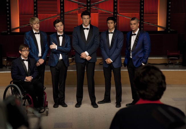 GLEE: L-R: Artie (Kevin McHale), Sam (Chord Overstreet), Kurt (Chris Colfer), Finn (Cory Monteith), Mike (Harry Shum Jr.) and Puck (Mark Salling) perform for Coach Beiste (R) in the "Never Been Kissed" episode of GLEE airing Tuesday, Nov. 9 (8:00-9:01 PM ET/PT) on FOX. ©2010 Fox Broadcasting Co. CR: Adam Rose/FOX