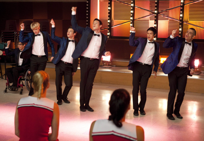 GLEE: L-R: Artie (Kevin McHale), Sam (Chord Overstreet), Kurt (Chris Colfer), Finn (Cory Monteith), Mike (Harry Shum Jr.) and Puck (Mark Salling) perform in the "Never Been Kissed" episode of GLEE airing Tuesday, Nov. 9 (8:00-9:01 PM ET/PT) on FOX. ©2010 Fox Broadcasting Co. CR: Adam Rose/FOX