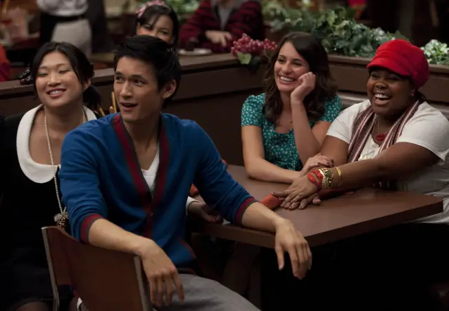 GLEE: The glee club gather at a restaurant for Valentine's Day in the "Silly Love Songs" episode of GLEE airing Tuesday, Feb. 8 (8:00-9:00 PM ET/PT) on FOX. ©2011 Fox Broadcasting Co. Pictured L-R: Jenna Ushkowitz, Harry Shum Jr., Lea Michele and Amber Riley. CR: Adam Rose/FOX