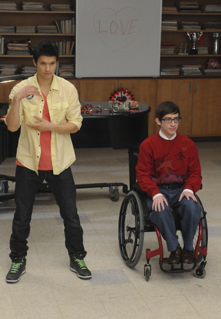 GLEE: Mike (Harry Shum Jr., L) and Artie (Kevin McHale, R) perform in the "Silly Love Songs" episode of GLEE airing Tuesday, Feb. 8 (8:00-9:00 PM ET/PT) on FOX. Â©2011 Fox Broadcasting Co. CR: Michael Yarish/FOX