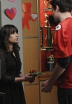 GLEE: Finn (Cory Monteith, R) gives Rachel (Lea Michele, L) a Valentine's Day gift in the "Silly Love Songs" episode of GLEE airing Tuesday, Feb. 8 (8:00-9:00 PM ET/PT) on FOX. Â©2011 Fox Broadcasting Co. CR: Michael Yarish/FOX