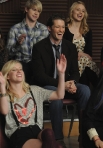 GLEE: Mr. Schuester (Matthew Morrison, C) and members of the glee club watch Mike and Artie perform in the "Silly Love Songs" episode of GLEE airing Tuesday, Feb. 8 (8:00-9:00 PM ET/PT) on FOX. ©2011 Fox Broadcasting Co. Also pictured top row L-R: Chord Overstreet and Dianna Agron. Bottom: Heather Morris. CR: Michael Yarish/FOX