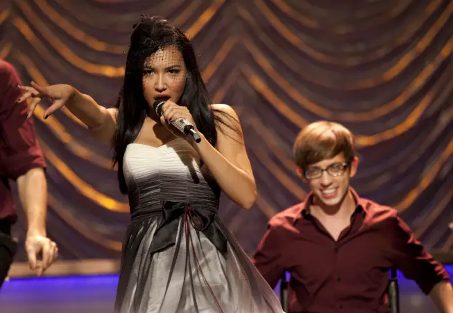 GLEE: New Directions perform at Sectionals in the "Special Education" episode of GLEE airing Tuesday Nov. 30 (8:00-9:00 PM ET/PT) on FOX. Pictured L-R: Naya Rivera and Kevin McHale. Â©2010 Fox Broadcasting Co. CR: Justin Lubin/FOX
