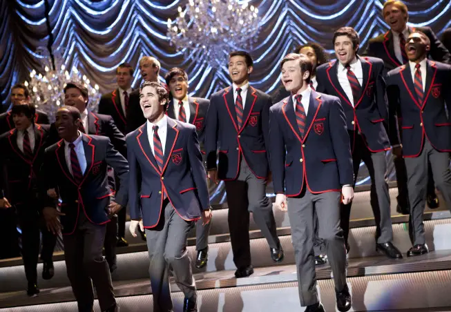 GLEE: The Warblers perform at Sectionals in the "Special Education" episode of GLEE airing Tuesday Nov. 30 (8:00-9:00 PM ET/PT) on FOX. Pictured front L-R: Darren Criss and Chris Colfer. Â©2010 Fox Broadcasting Co. CR: Justin Lubin/FOX