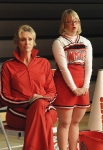 GLEE: Sue (Jane Lynch, L) and Becky (Lauren Potter, R) watch cheer practice in a special episode of GLEE airing after SUPER BOWL XLV on Sunday, Feb. 6 (approx. 10:30-11:30 PM ET; approx. 7:30-8:30 PM PT) on FOX. ©2011 Fox Broadcasting Co. Cr: Michael Yarish/FOX