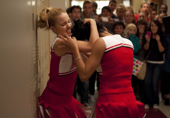 GLEE: Quinn (Dianna Agron, L) and Santana (Naya Rivera, R) get in a fight in "Audition," the season premiere episode of GLEE airing Tuesday, Sept. 21 (8:00-9:00 PM ET/PT) on FOX. ©2010 Fox Broadcasting Co. Cr: Adam Rose/FOX