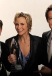 LOS ANGELES, CA - JANUARY 05: (L-R) Actors Chris Colfer , Jane Lynch, winner of the Favorite TV Comedy award for "Glee" poses for a portrait during the 2011 People's Choice Awards at Nokia Theatre L.A. Live on January 5, 2011 in Los Angeles, California. (Photo by Michael Caulfield/Getty Images for PCA)